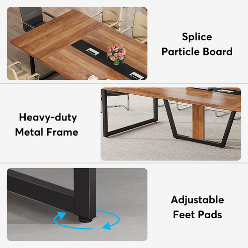 8FT Conference Table Set of 2, Large Meeting Podcast Table for 10 People, Business Style Wooden Training Table with Strong Metal Frame for Office Conference