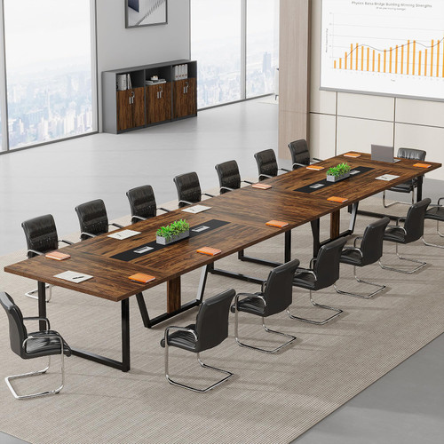 8FT Conference Table Set of 2, Large Meeting Podcast Table for 10 People, Business Style Wooden Training Table with Strong Metal Frame for Office Conference