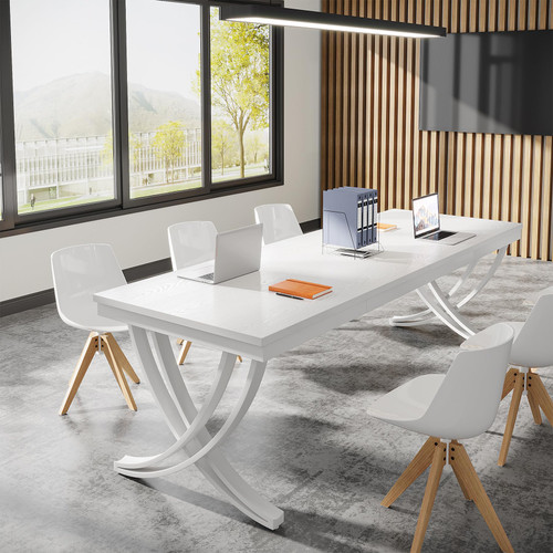 6.5FT Conference Table for 6-8 People, 78 inch Long Rectangular Seminar Table with Strong Metal Frame, Business Furniture Boardroom Desk for Office Meeting Conference Room (1PC, White)