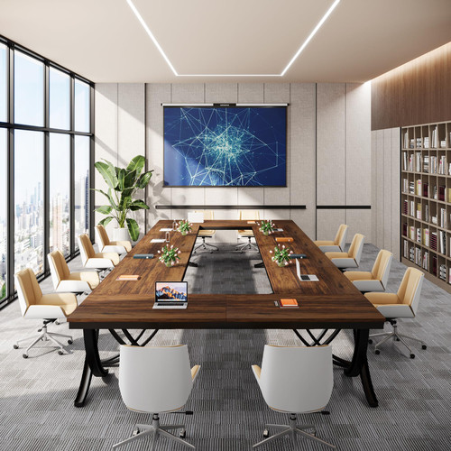 (4PCS, Brown) 6.5FT Conference Table for 6-8 People, 78 inch Long Rectangular Seminar Table with Strong Metal Frame, Business Furniture Boardroom Desk for Office Meeting Conference Room 
