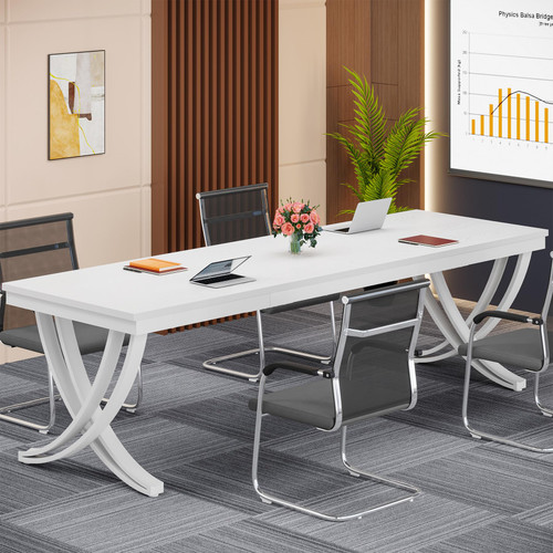 (6PCS, White) 6.5FT Conference Table for 6-8 People, 78 inch Long Rectangular Seminar Table with Strong Metal Frame, Business Furniture Boardroom Desk for Office Meeting Conference Room