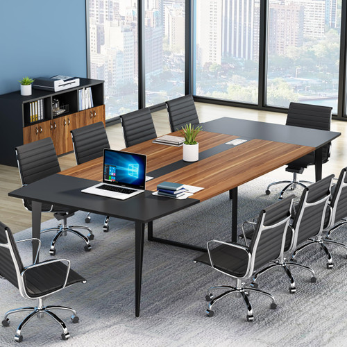 8FT Conference Table, 94.48L x 47.24W x 29.52H Inches Boat Shaped Meeting Table with Rectangle Grommet, Modern Seminar Boardroom Table for Office Conference Room (8ft, Walnut & Black)