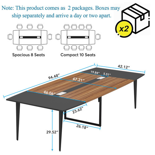 8FT Conference Table, 94.48L x 47.24W x 29.52H Inches Boat Shaped Meeting Table with Rectangle Grommet, Modern Seminar Boardroom Table for Office Conference Room (8ft, Walnut & Black)