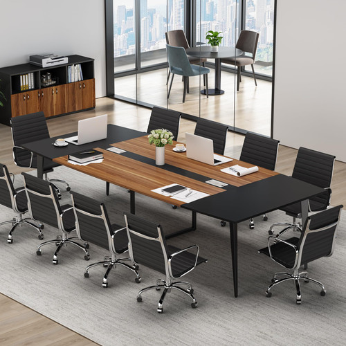 8FT Conference Table, 94.48L x 47.24W x 29.52H Inches Boat Shaped Meeting Table with Rectangle Grommet, Modern Seminar Boardroom Table for Office Conference Room (8ft, Walnut & Black)