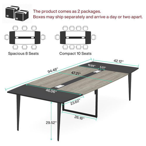 8FT Conference Table, 94.48L x 47.21W x 29.52H Inches Boat Shaped Meeting Table with Rectangle Grommet, Modern Seminar Boardroom Table for Office Conference Room (Grey & Black, 8ft)