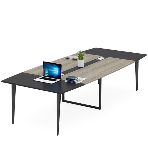 8FT Conference Table, 94.48L x 47.21W x 29.52H Inches Boat Shaped Meeting Table with Rectangle Grommet, Modern Seminar Boardroom Table for Office Conference Room (Grey & Black, 8ft)