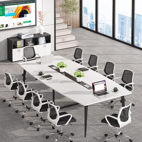 8FT Conference Table, 94.48L x 47.21W x 29.52H Inches Boat Shaped Meeting Table with Rectangle Grommet, Modern Seminar Table for Office Meeting Conference Room (White & Black, 8ft)