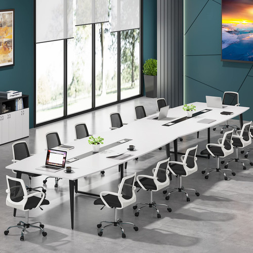 8FT Conference Table, 94.48L x 47.21W x 29.52H Inches Boat Shaped Meeting Table with Rectangle Grommet, Modern Seminar Table for Office Meeting Conference Room (White & Black, 8ft)