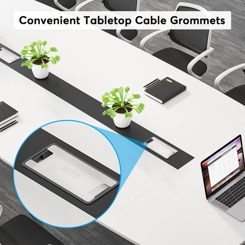 8FT Conference Table, 94.48L x 47.21W x 29.52H Inches Boat Shaped Meeting Table with Rectangle Grommet, Modern Seminar Table for Office Meeting Conference Room (White & Black, 8ft)