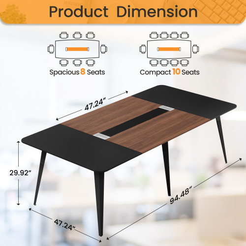 8FT Conference Table, 94.48” Meeting Seminar Table with Cable Grommets, Boardroom Table Workstation for Meeting Room, Office Conference (Black & Walnut)