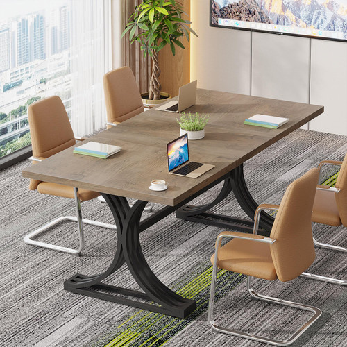 (2, Grey + Black) 10.5FT Conference Table, Modern Meeting Table for 8-10 People, Rectangle Seminar Boardroom Table for Office Conference Room with Stylish Legs 