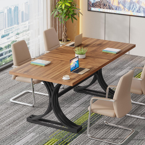 (2, Rustic Brown and Black) 10.5FT Conference Table, Modern Meeting Table for 8-10 People, Rectangle Seminar Boardroom Table for Office Conference Room with Stylish Legs 