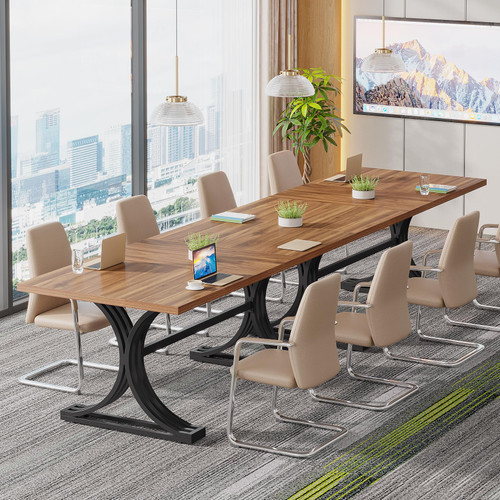 (2, Rustic Brown and Black) 10.5FT Conference Table, Modern Meeting Table for 8-10 People, Rectangle Seminar Boardroom Table for Office Conference Room with Stylish Legs 
