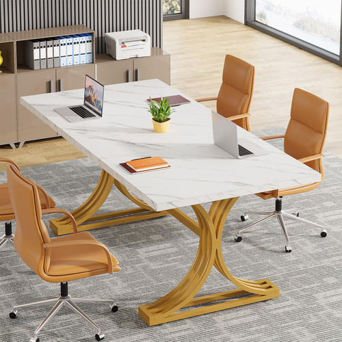  (2, White + Gold) 10.5FT Conference Table, Modern Meeting Table for 8-10 People, Rectangle Seminar Boardroom Table for Office Conference Room with Stylish Legs