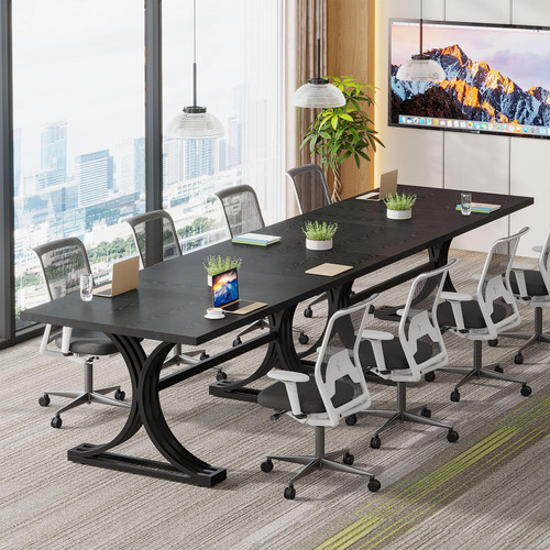 (4, Black) 10.5FT Conference Table, Modern Meeting Table for 8-10 People, Rectangle Seminar Boardroom Table for Office Conference Room with Stylish Legs 