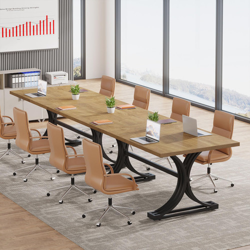 (4, Brown and Black) 10.5FT Conference Table, Modern Meeting Table for 8-10 People, Rectangle Seminar Boardroom Table for Office Conference Room with Stylish Legs 