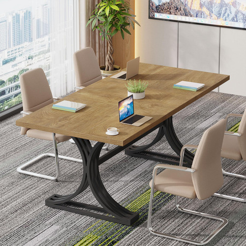 (4, Brown and Black) 10.5FT Conference Table, Modern Meeting Table for 8-10 People, Rectangle Seminar Boardroom Table for Office Conference Room with Stylish Legs 