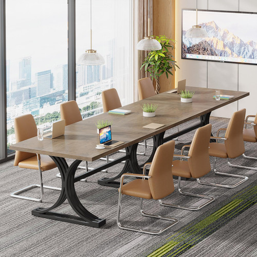 (4, Grey + Black)10.5FT Conference Table, Modern Meeting Table for 8-10 People, Rectangle Seminar Boardroom Table for Office Conference Room with Stylish Legs 