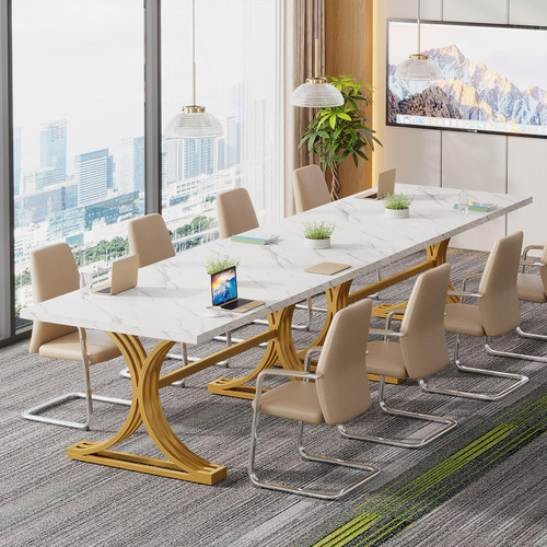 (4, White + Gold) 10.5FT Conference Table, Modern Meeting Table for 8-10 People, Rectangle Seminar Boardroom Table for Office Conference Room with Stylish Legs 