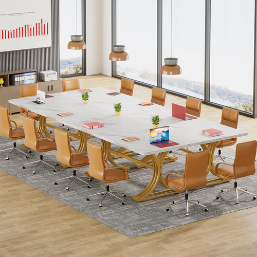 (6, White + Gold) 10.5FT Conference Table, Modern Meeting Table for 8-10 People, Rectangle Seminar Boardroom Table for Office Conference Room with Stylish Legs 