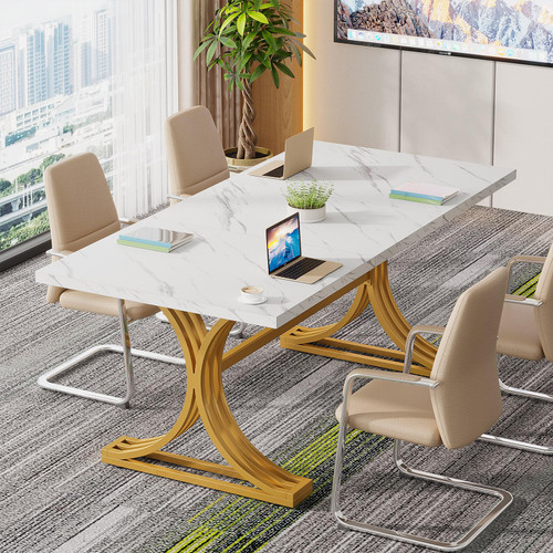 (6, White + Gold) 10.5FT Conference Table, Modern Meeting Table for 8-10 People, Rectangle Seminar Boardroom Table for Office Conference Room with Stylish Legs 