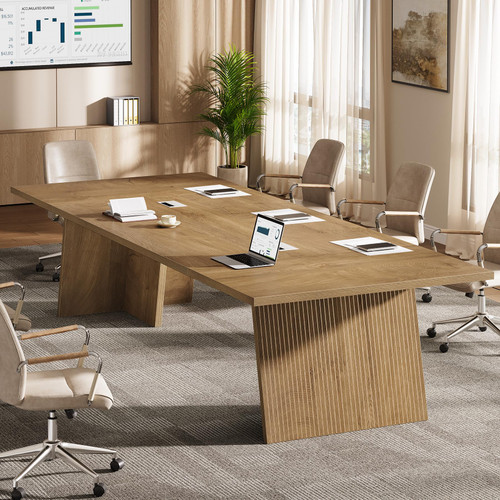 8ft Conference Table, Conference Room Table for 10 People, Large Meeting Desk with Cable Grommet, Modern Boardroom Table for Office Conference (1, Brown)