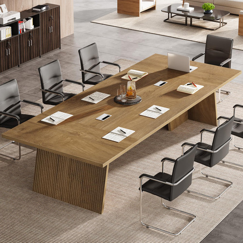 (2, Brown) Conference Table, 8ft Conference Room Table for 10 People, Large Meeting Desk with Cable Grommet, Modern Boardroom Table for Office Conference 