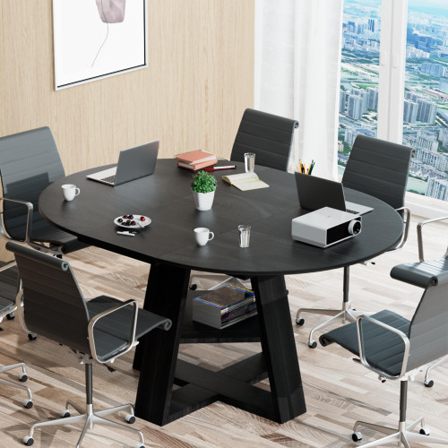 43.3in-59in Extendable Round Conference Table for 4-6 People,Space Saving