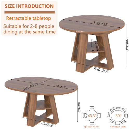 43.3in-59in Extendable Round Conference Table for 4-6 People,Space Saving