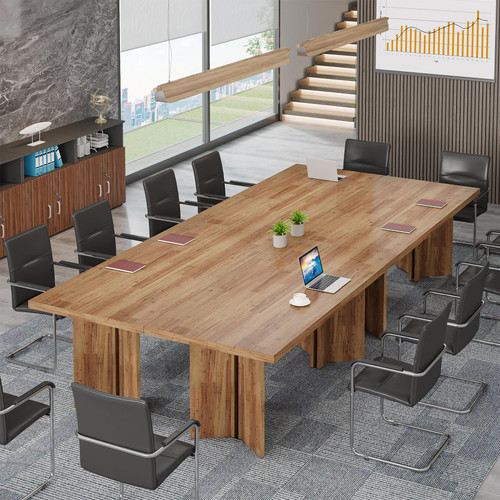 (Set of 2, Walnut) 10.5FT Conference Table, Large Rectangle Meeting Seminar Table for 10-12 Person, Long Wooden Business Tables