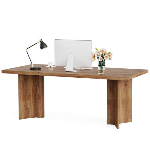 (Set of 2, Walnut) 10.5FT Conference Table, Large Rectangle Meeting Seminar Table for 10-12 Person, Long Wooden Business Tables