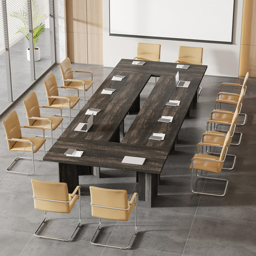 (Set of 4, Dark Gray) 10.5FT Conference Table, Large Rectangle Meeting Seminar Table for 12-14 Person, Long Wooden Business Tables 