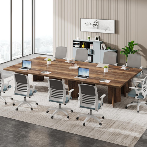 (Set of 4, Distressed Brown) 10.5FT Conference Table, Large Rectangle Meeting Seminar Table for 10-14 Person, Long Wooden Business Tables 