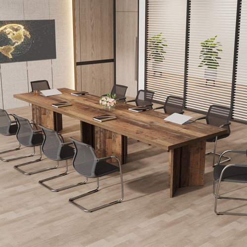 (Set of 4, Distressed Brown) 10.5FT Conference Table, Large Rectangle Meeting Seminar Table for 10-14 Person, Long Wooden Business Tables 