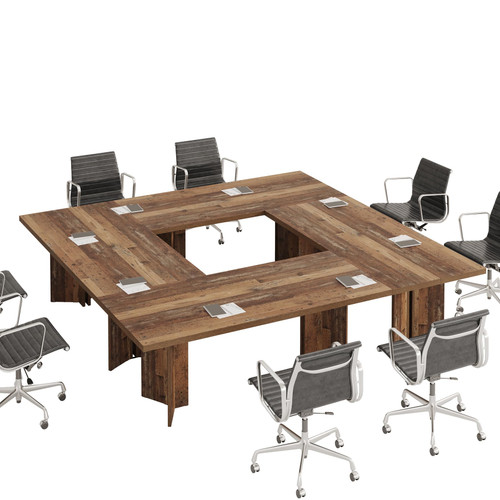 (Set of 4, Distressed Brown) 10.5FT Conference Table, Large Rectangle Meeting Seminar Table for 10-14 Person, Long Wooden Business Tables 
