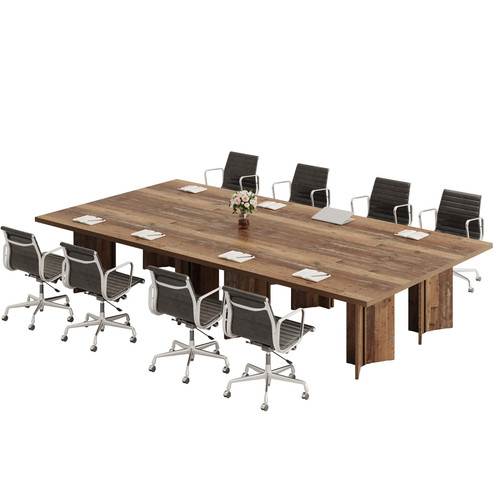 (Set of 4, Distressed Brown) 10.5FT Conference Table, Large Rectangle Meeting Seminar Table for 10-14 Person, Long Wooden Business Tables 
