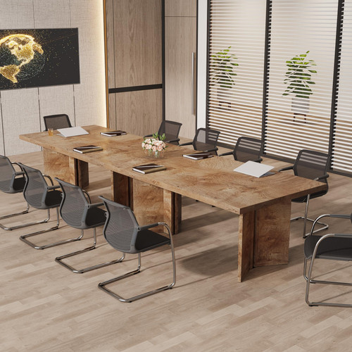 (Set of 4, Light Oak Brown) 10.5FT Conference Table, Large Rectangle Meeting Seminar Table for 10-14 Person, Long Wooden Business Tables 
