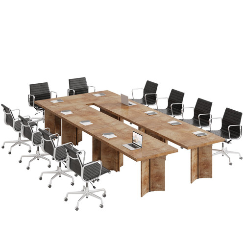 (Set of 4, Light Oak Brown) 10.5FT Conference Table, Large Rectangle Meeting Seminar Table for 10-14 Person, Long Wooden Business Tables 