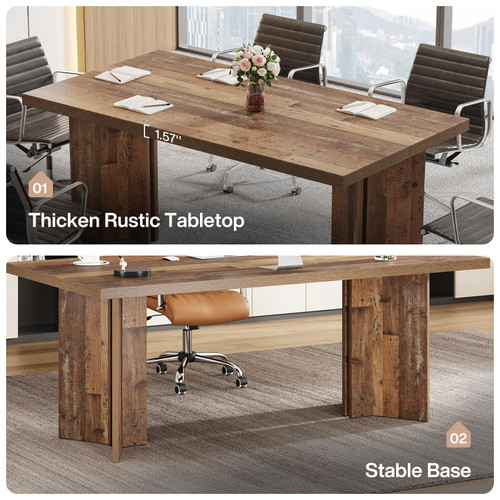 (Set of 6, Distressed Brown) 10.5FT Conference Table, Large Rectangle Meeting Seminar Table for 10-12 Person, Long Wooden Business Tables 