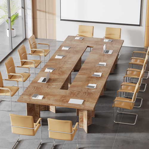  (Set of 6, Light Oak Brown) 10.5FT Conference Table, Large Rectangle Meeting Seminar Table for 10-14 Person, Long Wooden Business Tables 