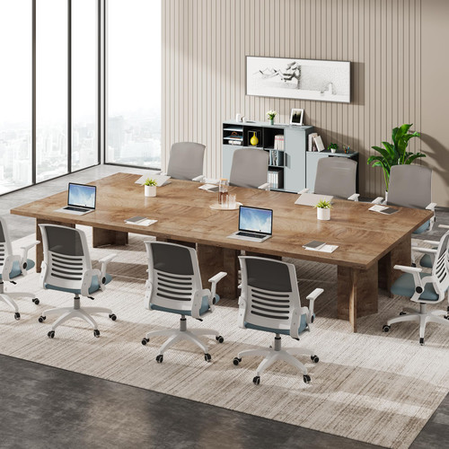  (Set of 6, Light Oak Brown) 10.5FT Conference Table, Large Rectangle Meeting Seminar Table for 10-14 Person, Long Wooden Business Tables 