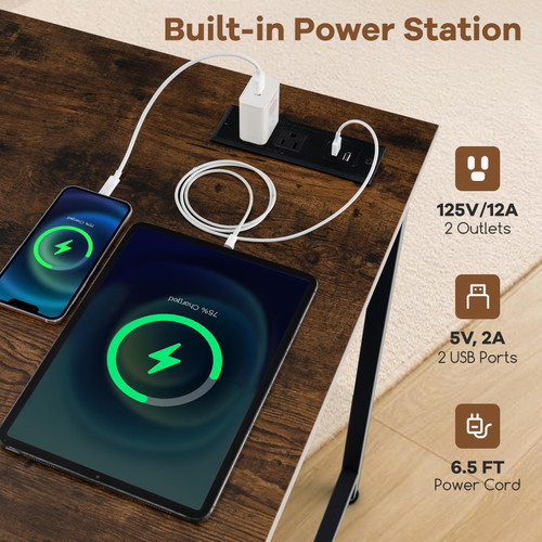 60" Conference Desk Set of 6, Modern Boardroom Desk with Storage Bag, Headphone Hook, Sturdy Metal Frame, Rectangular Seminar Table with Charging Station