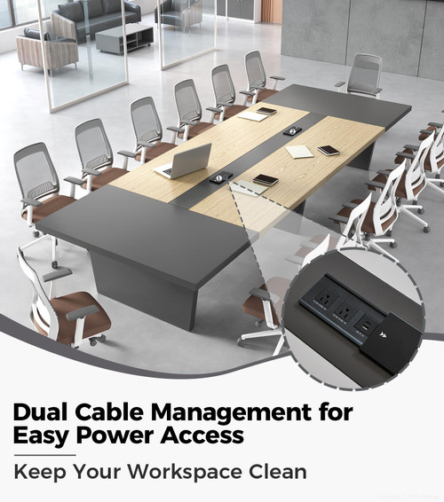 10FT Conference Table for 10 People, Executive Office Table, Rectangular Boardroom Meeting Table with Built-in Power Outlets & USB Ports, 2" Thick Tabletop (Oak & Gray, 118" L * 51" W * 30" H)