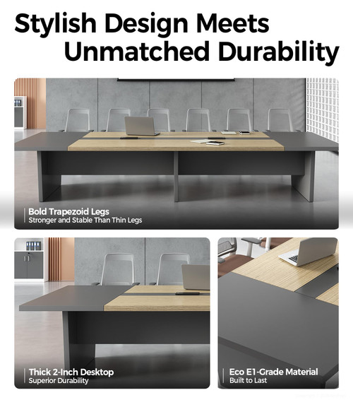 10FT Conference Table for 10 People, Executive Office Table, Rectangular Boardroom Meeting Table with Built-in Power Outlets & USB Ports, 2" Thick Tabletop (Oak & Gray, 118" L * 51" W * 30" H)