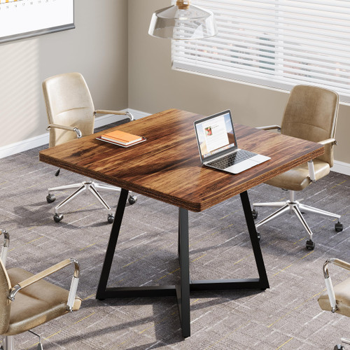 31.5" Square Conference Table, Industrial Office Meeting Table for 4 People, Business Podcast Furniture with Metal Base for Small Spaces, Office Conference, Brown & Black