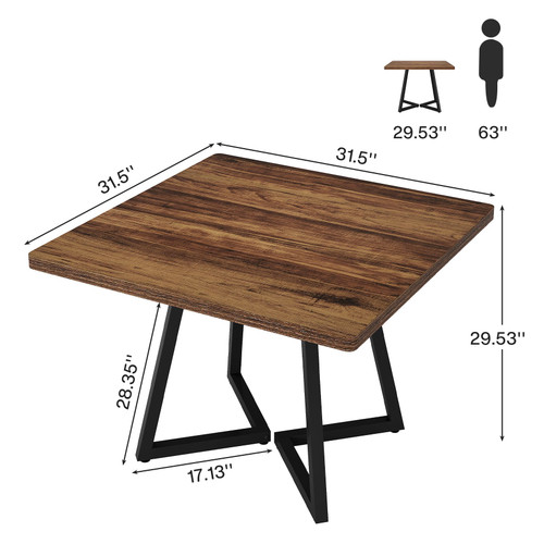 31.5" Square Conference Table, Industrial Office Meeting Table for 4 People, Business Podcast Furniture with Metal Base for Small Spaces, Office Conference, Brown & Black