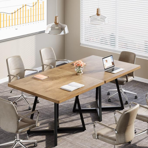 31.5" Square Conference Table, Industrial Office Meeting Table for 4 People, Business Podcast Furniture with Metal Base for Small Spaces, Office Conference, Natural