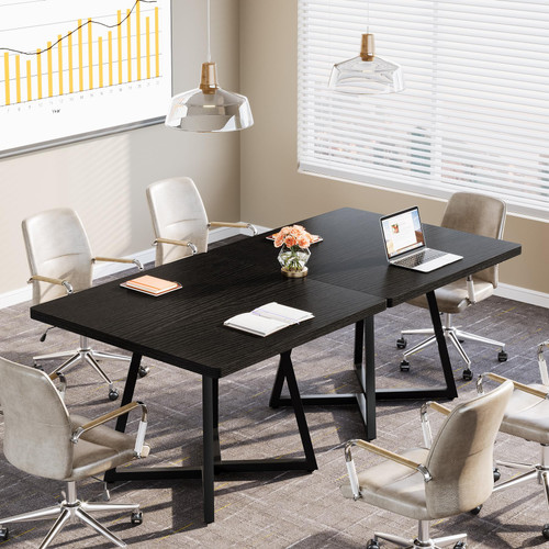 31.5" Square Conference Table, Industrial Office Meeting Table for 4 People, Business Podcast Furniture with Metal Base for Small Spaces, Office Conference, Vintage Black