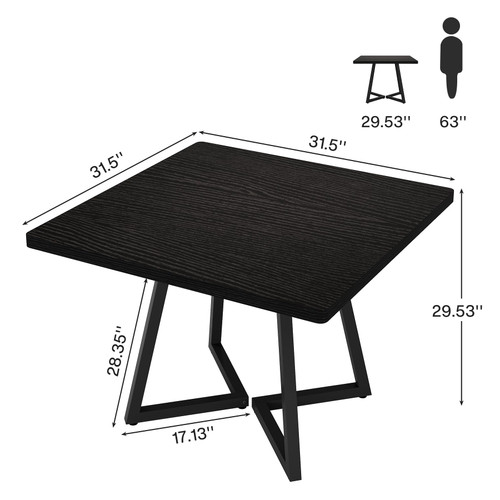 31.5" Square Conference Table, Industrial Office Meeting Table for 4 People, Business Podcast Furniture with Metal Base for Small Spaces, Office Conference, Black