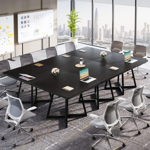 31.5" Square Conference Table, Industrial Office Meeting Table for 4 People, Business Podcast Furniture with Metal Base for Small Spaces, Office Conference, Black